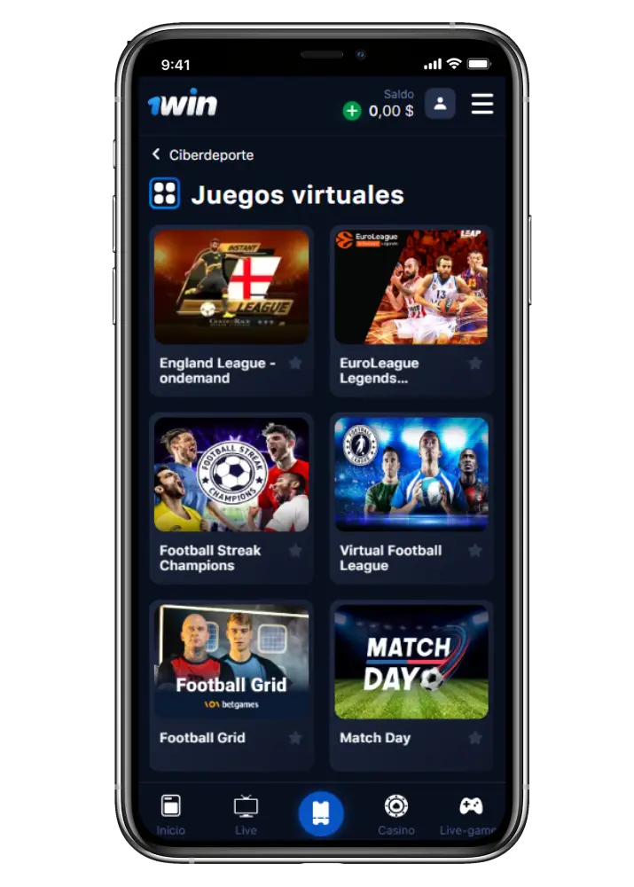 Virtual sports section of the 1Win betting service