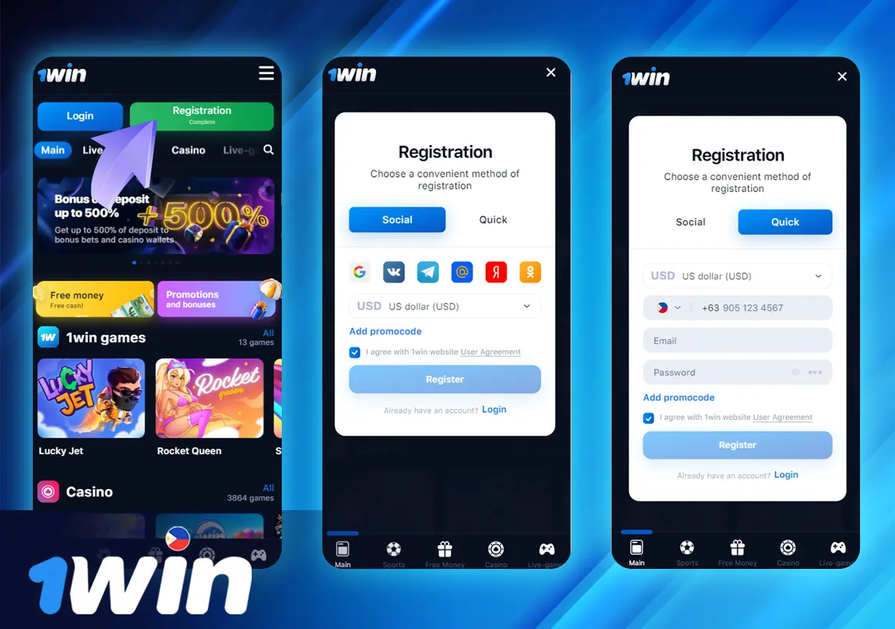 Steps to create a new account with 1Win